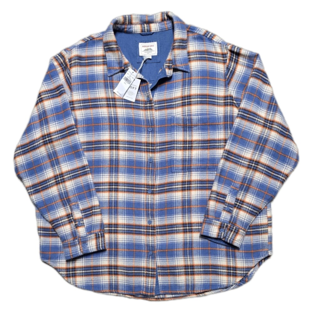 NEW American Eagle Outfitters Oversized Flannel Shirt Jacket Womens L Blue Plaid